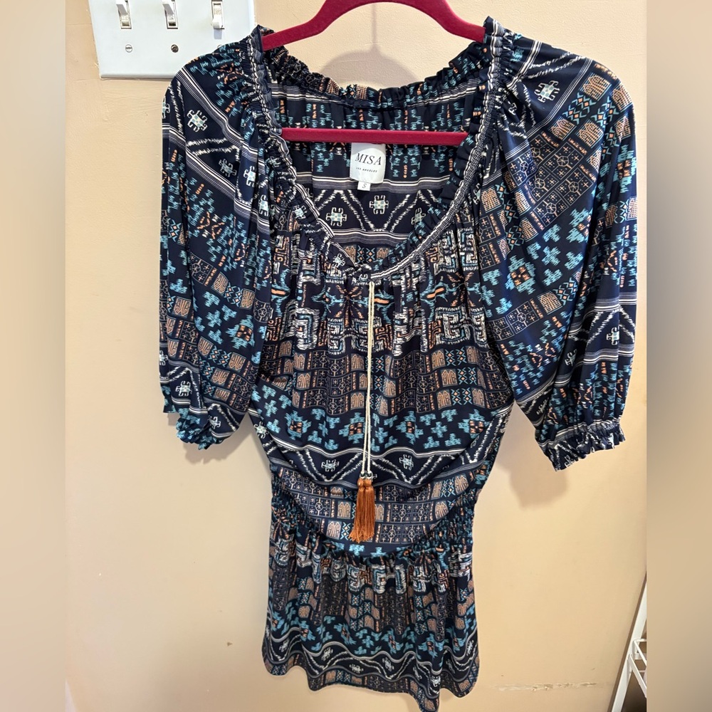 NWOT Misa Los Angeles Off Shoulder Smocked Mini Dress Aztec Print Women’s Size S